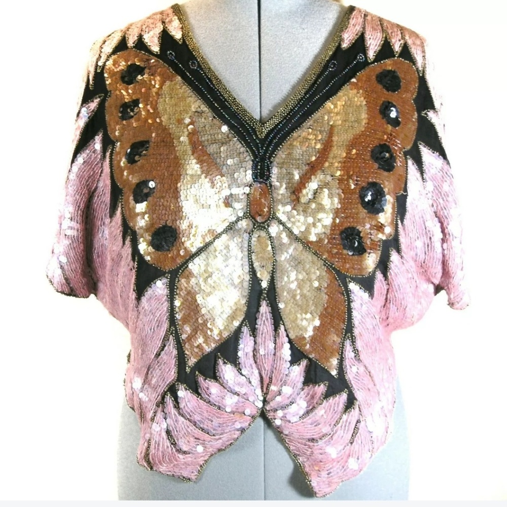 Vtg sequin butterfly poncho beaded pink gold silk